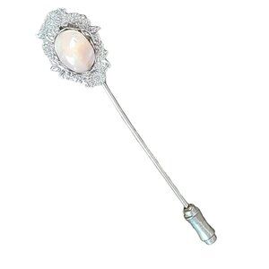 Vintage Delicate Pearlescent Cabochon Stone Stick Pin Silvertone Floral Filigree